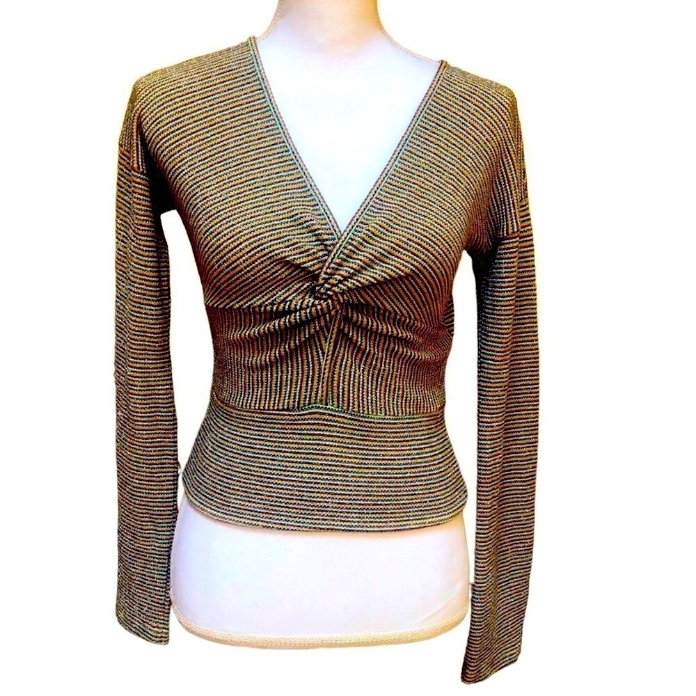 Ramy Brook Multicolored Ribbed All Over Metallic Design Long Sleeve Blouse XS